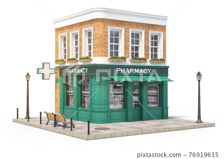 Pharmacy or drug store building exterior isolated on white background. 76919635