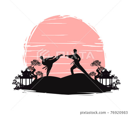 Active tae kwon do martial arts fighters combat fighting and kicking sport silhouettes illustration Active tae kwon do martial arts fighters combat fighting and kicking sport silhouettes illustration 76920983