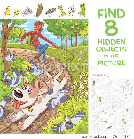 Dog pulls leash with its owner. Walk in the park. Find hidden objects 76921375