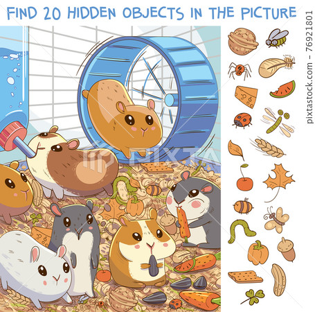 Find 20 hidden objects in the picture. Hamsters in a cage 76921801