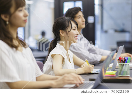 Business scene of three men and women during a meeting in the office 76922399