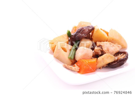 Boiled root vegetables, lotus root, carrot, burdock, taro, bright background Boiled root vegetables, lotus root, carrot, burdock, taro, bright background 76924846