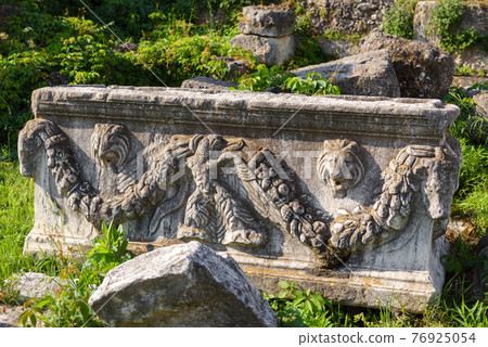 Relief stone carving, architecture detail in Roman Agora, Athens, Greece 76925054