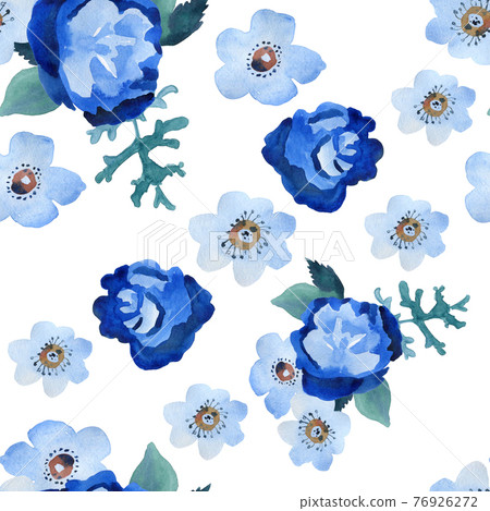 Blue flowers on a white background watercolor pattern 76926272
