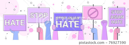 stop asian hate human hands holding banners against racism support people during coronavirus pandemic 76927390