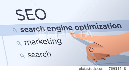 human hand choosing seo in search bar on virtual screen search engine optimization internet networking concept 76931248