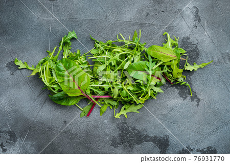 Mix Salad leafs, Swiss chard and Arugula, on gray stone background, top view flat lay Mix Salad leafs, Swiss chard and Arugula, on gray stone background, top view flat lay 76931770