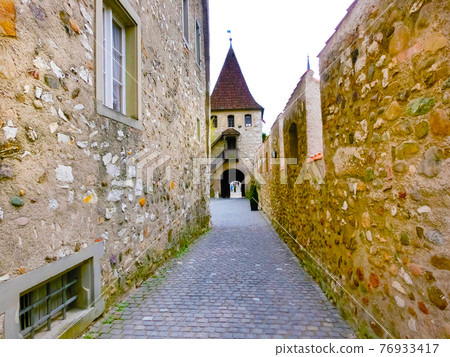 Schaffhausen, Switzerland - The view on castle Schloss Laufen patio, tower. 76933417