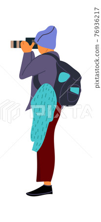 Photographer. Cartoon paparazzi taking picture. Side view of man shooting photos. Tourist photographing with professional camera. Vector character in casual clothes making snapshots 76936217