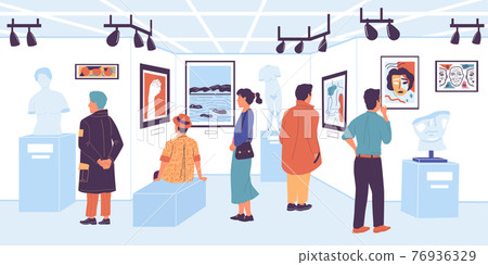 People in gallery. Visitor of modern art exhibition and museum. Tourists looking at painting expositions and sculptures. Men and women enjoy watching showpieces. Vector illustration 76936329