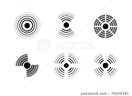 Radar signal icons. Sonic waves. Black and white military signs. Detection technologies symbols set. Dots and concentric circles. Minimal geometric elements. Vector sound equipment 76936365