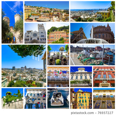 Collage of Italian buildings in old part of town at Genoa, Italy. 76937227