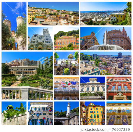 Collage of Italian buildings in old part of town at Genoa, Italy. 76937229