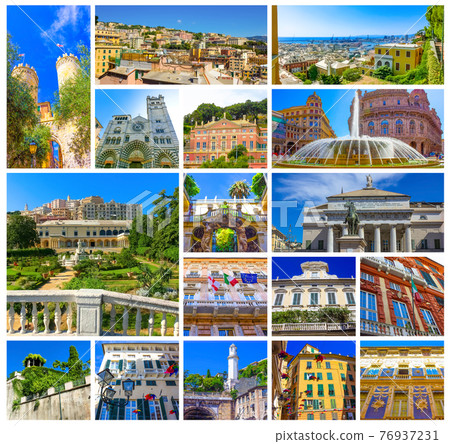 Collage of Italian buildings in old part of town at Genoa, Italy. 76937231