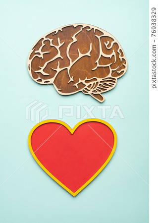 wooden mock eye and brain on blue background wooden mock eye and brain on blue background 76938329