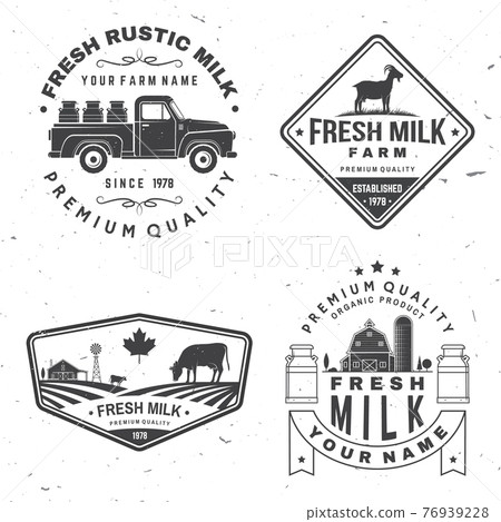 Fresh rustic milk badge, logo. Vector. Typography design with cow, milk farm, truck silhouette. Template for dairy and milk farm business - shop, market, packaging and menu 76939228