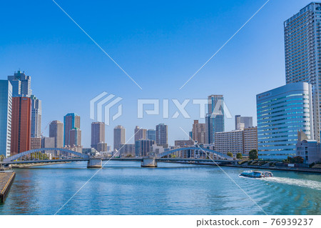 Cityscape of Japan Skyscrapers from Tsukiji Ohashi to Akashicho and Tsukishima 76939237