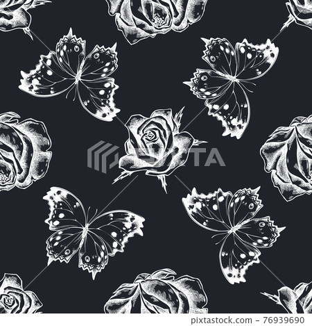 Seamless pattern with hand drawn chalk forest mother-of-pearl, roses Seamless pattern with hand drawn chalk forest mother-of-pearl, roses 76939690