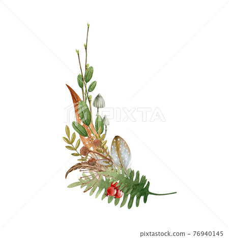 Floral forest natural arrangement. Watercolor illustration. Woodland element. Hand drawn rustic forest decor from fern, red berries, feathers, green leaves. Seasonal decoration on white background Floral forest natural arrangement. Watercolor illustration. Woodland element. Hand drawn rustic forest decor from fern, red berries, feathers, green leaves. Seasonal decoration on white background 76940145