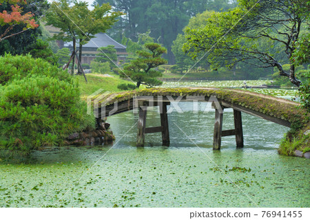 A wooden bridge over the pond of Shurakuen and the scenery inside the park Tsuyama City, Okayama Prefecture 76941455