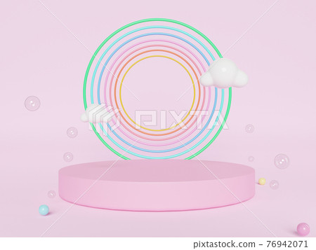 Stand and display colorful pastel clouds and rainbow in the baby room interior. 3D rendering. A scene for advertising, Minimalist mockup for podium display or showcase. Stand and display colorful pastel clouds and rainbow in the baby room interior. 3D rendering. A scene for advertising, Minimalist mockup for podium display or showcase. 76942071