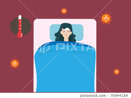 A woman character lying sick in bed, suffering from coronavirus fever. Concept of health problems and viral infectious diseases. Flat vector illustration 76944184