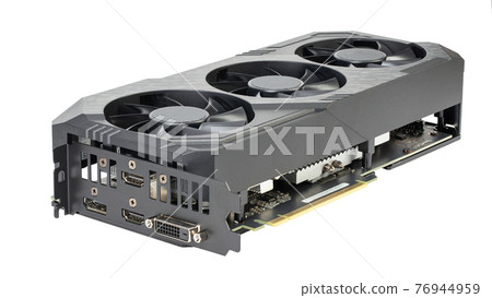 Game graphics card isolated on white background. Computer part. Game graphics card isolated on white background. Computer part. 76944959