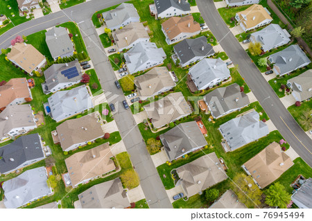 Small american town district with houses and roads on aerial view 76945494