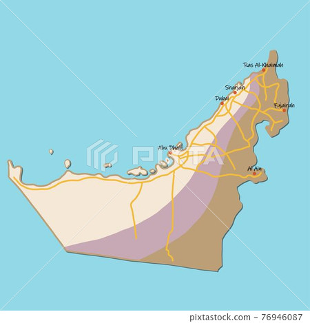 Doodle freehand colorful drawing United Arab Emirates map with major cities and highway. 76946087