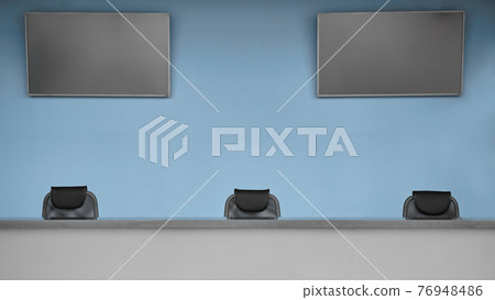 Empty airport with check-in desks. Pandemic and lockdown concept. Empty airport with check-in desks. Pandemic and lockdown concept. 76948486
