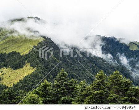 Alpine landscape shrouded in mist 76949954