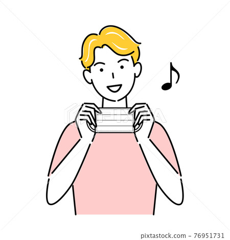 微笑的男子雙手拿著面具插圖簡單向量圖 76951731