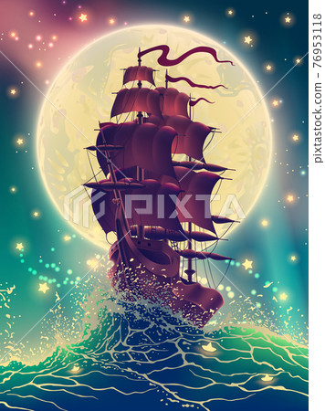 Ship with sails on the waves with water splashes in the sea or ocean over starry sky and moon light illustration in vector. Digital high detailed fantasy landscape drawing. Ship with sails on the waves with water splashes in the sea or ocean over starry sky and moon light illustration in vector. Digital high detailed fantasy landscape drawing. 76953118