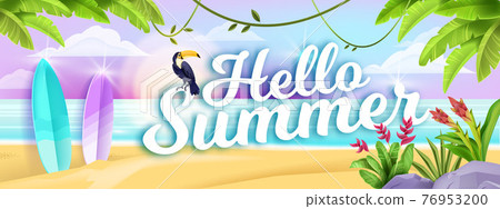 Hello summer beach landscape, tropical exotic seashore background, toucan, surfboard, palm leaf Hello summer beach landscape, tropical exotic seashore background, toucan, surfboard, palm leaf 76953200