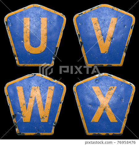 Set of public road signs in blue and orange color with a capital letters U, V, W, X in the center isolated black background. 3d Set of public road signs in blue and orange color with a capital letters U, V, W, X in the center isolated black background. 3d 76958476