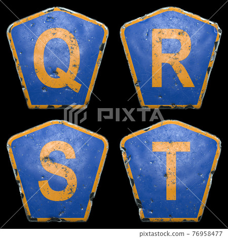 Set of public road signs in blue and orange color with a capital letters Q, R, S, T in the center isolated black background. 3d Set of public road signs in blue and orange color with a capital letters Q, R, S, T in the center isolated black background. 3d 76958477