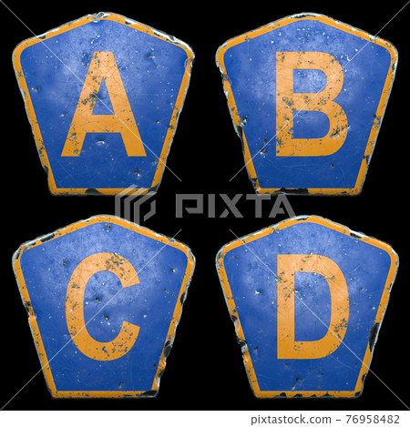 Set of public road signs in blue and orange color with a capital letters A, B, C, D in the center isolated black background. 3d 76958482