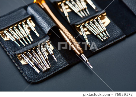 Screwdriver and set of replaceable bits, closeup 76959172
