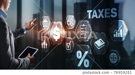 Concept of taxes paid by individuals and corporations such as VAT, income tax and property tax. Background for your business 76959281