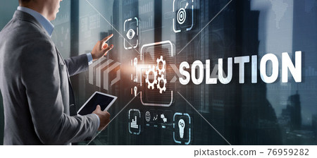 Solution. Businessman pressing on touch screen interface inscription Solutions. Business concept. Internet concept 76959282
