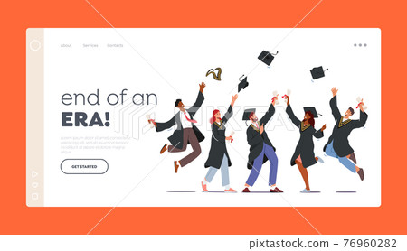 Finish University Education Landing Page Template. Group of Characters in Graduation Gowns and Caps Rejoice, Jumping 76960282