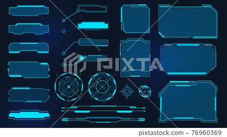 Futuristic frames. Cyberpunk HUD square screen, callout, title and radar. Digital info box and sci fi UI panel. Virtual interface vector set 76960369