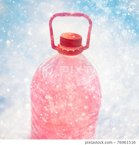 bottle with non-freezing windshield washer fluid, snowflakes background 76961516