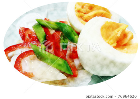 Homely and rustic homemade "boiled egg and vegetable salad" watercolor style picture letter Homely and rustic homemade "boiled egg and vegetable salad" watercolor style picture letter 76964620