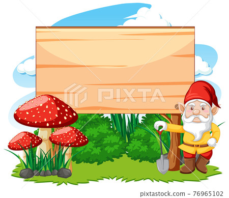 Gnome standing beside blank banner cartoon style on white background 76965102