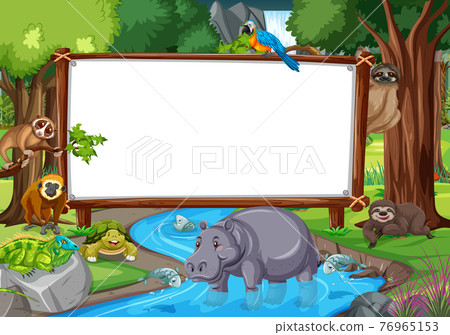 Blank banner in the rainforest scene with wild animals 76965153