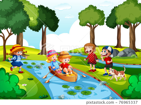 Two kids row the boat at water fall with their friends on white background 76965337