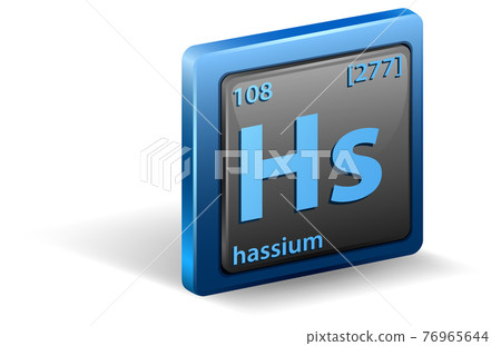 Hassium chemical element. Chemical symbol with atomic number and atomic mass. 76965644