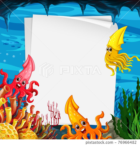 Blank paper template with many squids cartoon character in the underwater scene Blank paper template with many squids cartoon character in the underwater scene 76966482