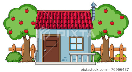 Front view of a house with nature elements on white background Front view of a house with nature elements on white background 76966487